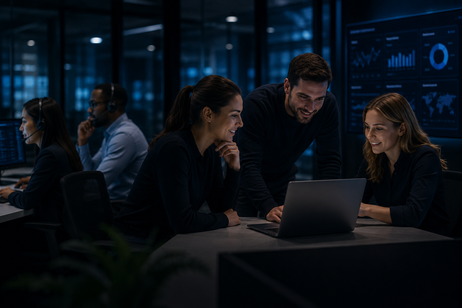 CallConnect support agents working at their desks with headsets