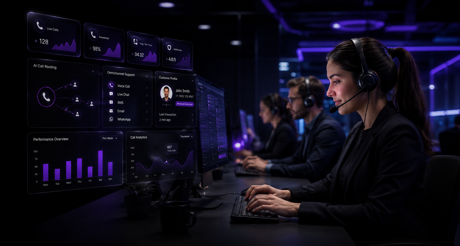 CallConnect agents handling calls alongside live performance dashboards